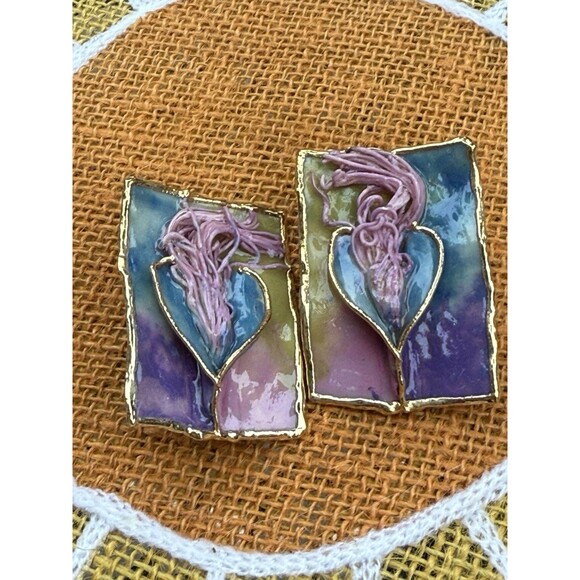 VTG  signed  1988 Amy Lacombe designer blue  green Clip On Earrings - Picture 8 of 8